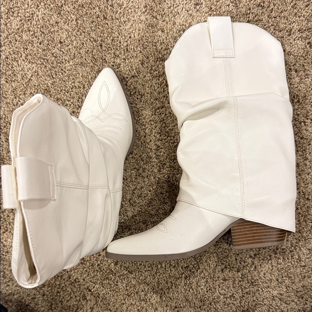 Indigo White Slouch Western Mid-Calf Boots
